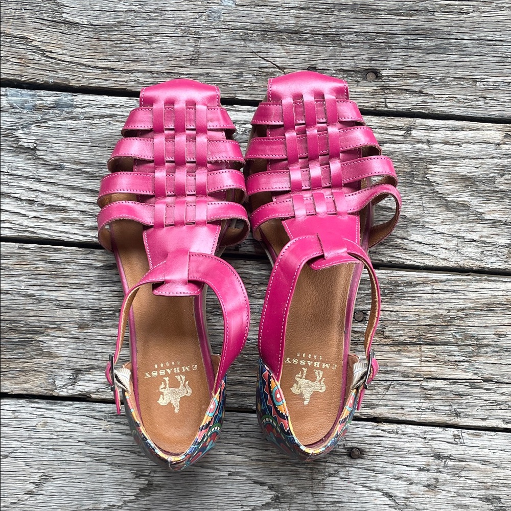 Bright Pink Woven Leather Women's Sandals with Patterned Heel